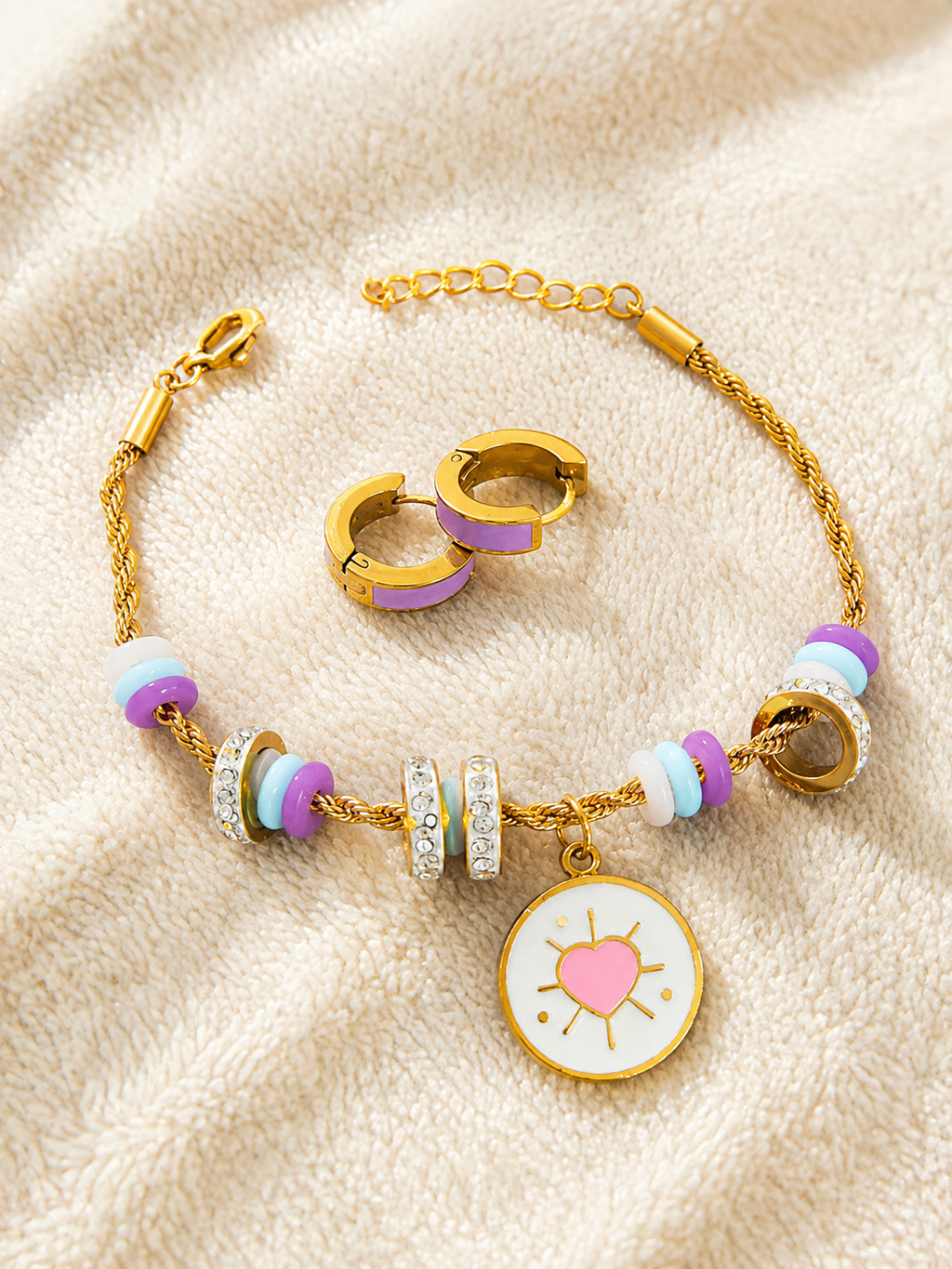 Set de Pulsera y Pantallas para Mujer, Joyería Dorada con Corazón, Acero Inoxidable