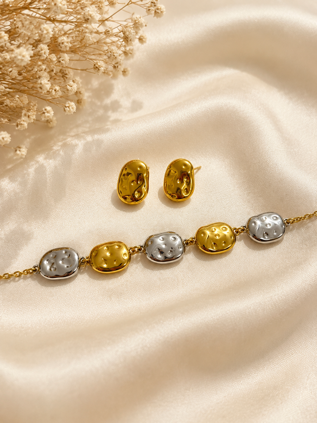Set de Pulsera y Pantallas para Mujer, Joyería Bicolor Dorada y Plateada, Acero Inoxidable