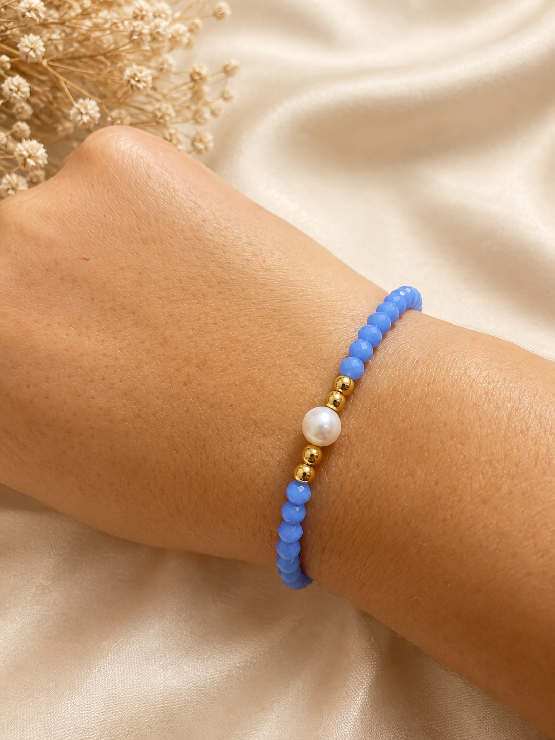 Pulsera Azul de Acero Inoxidable para Mujer | Cuentas Facetadas con Perlita