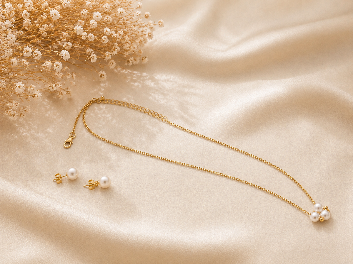 Set de Collar y Pantallas con Perlas para Mujer, Joyería Dorada Elegante, acero inoxidable