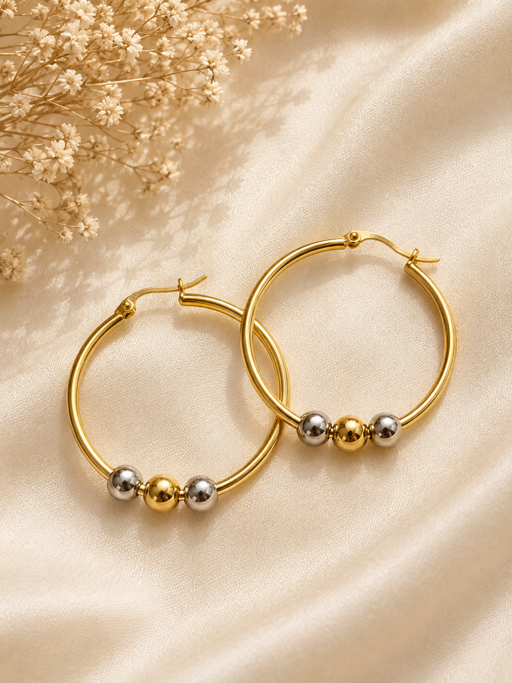 Pantallas de Aro Doradas para Mujer, Aretes con Bolitas Doradas y Plateadas, Acero Inoxidable