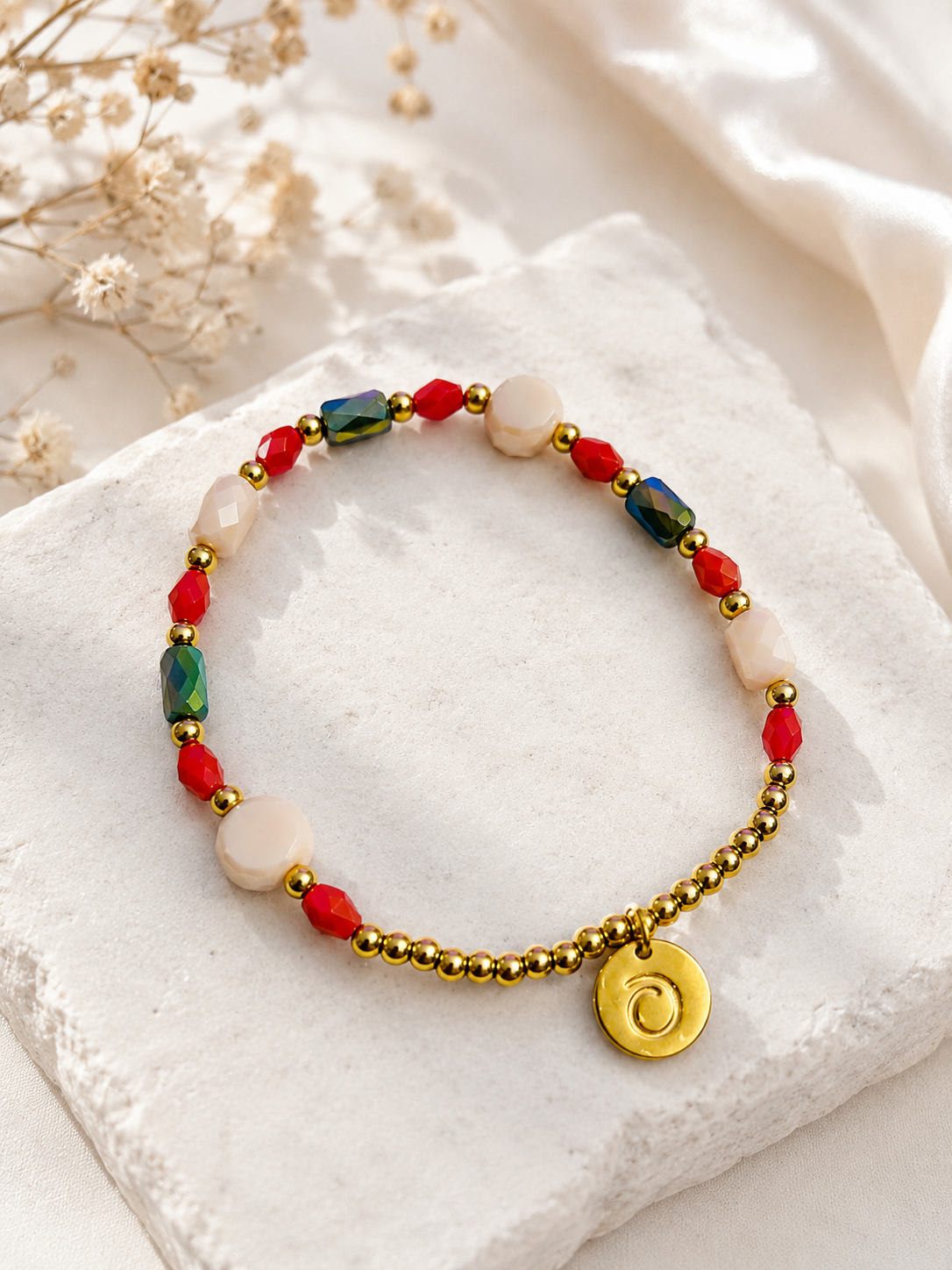 Pulsera de Acero Inoxidable para Mujer, Pulsera de Cuentas Multicolor con Charm Inicial, Pulsera Elegante y Delicada
