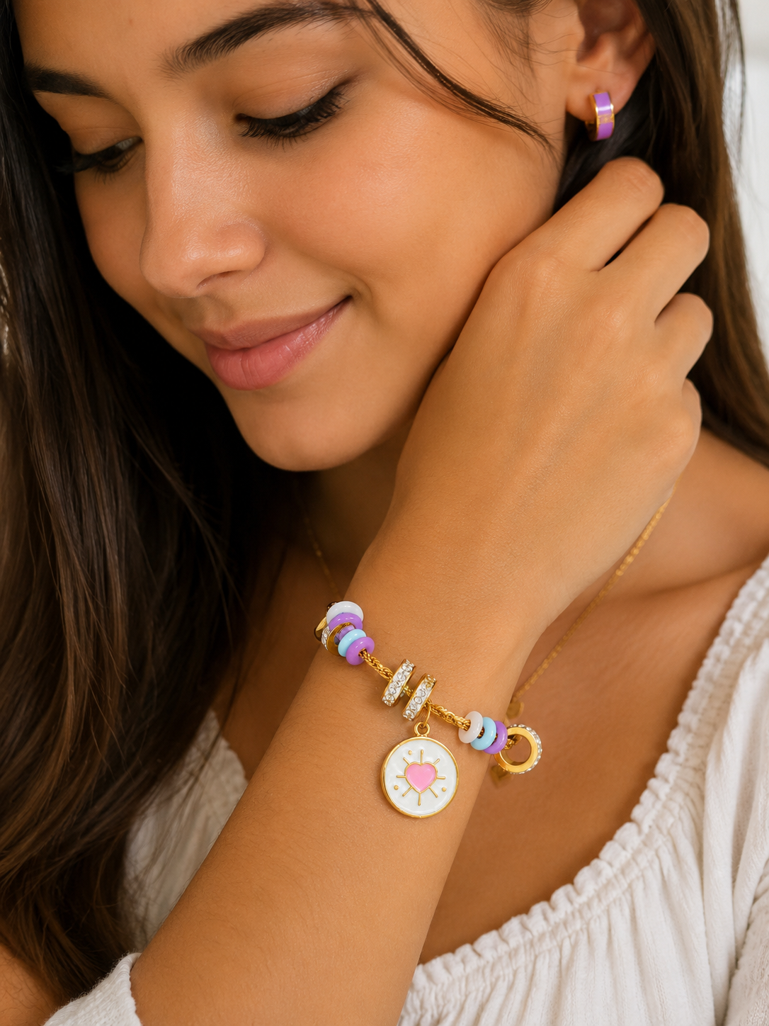 Set de Pulsera y Pantallas para Mujer, Joyería Dorada con Corazón, Acero Inoxidable